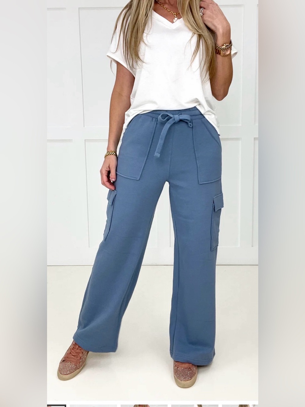 NWT Risen LA Women’s Blue  Cozy Cargo Lounge Pants Wide Leg Soft Knit- Size L